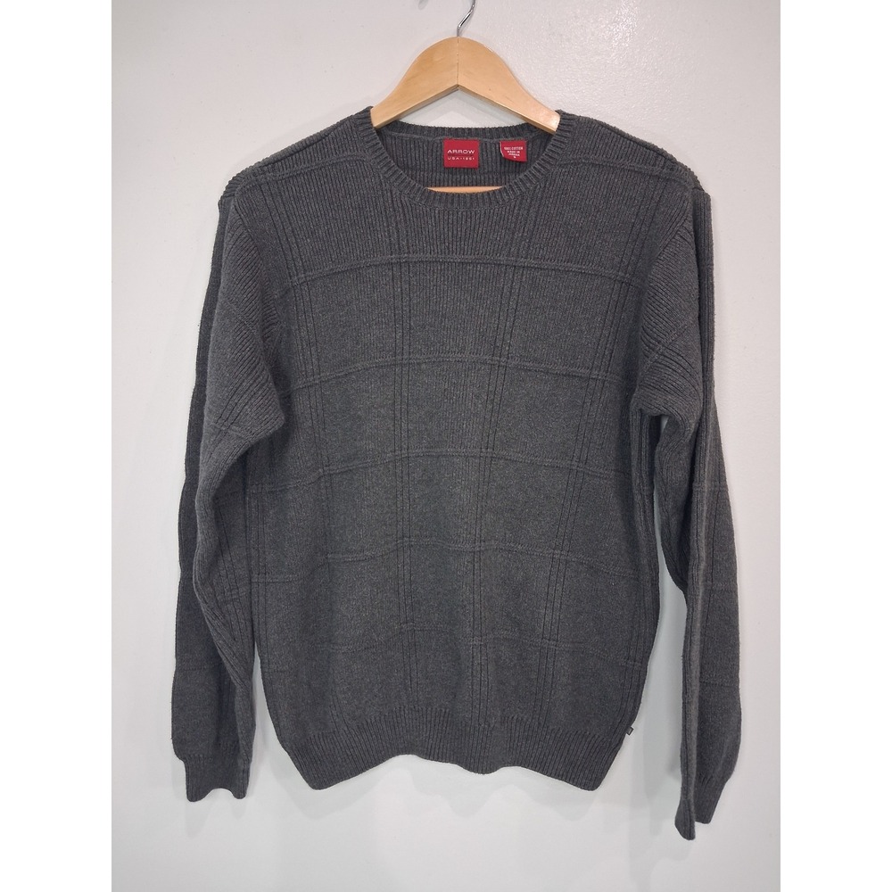 Arrow USA 1851 Mens Charcoal Grey Textured Grid Cotton Crewneck Sweater Small